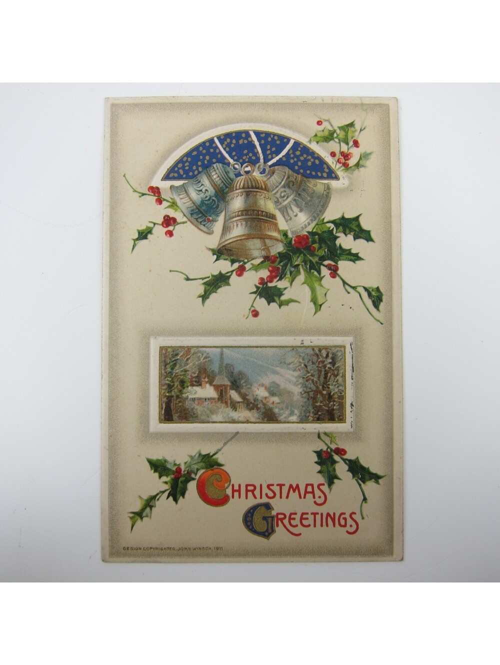 Christmas Postcard Church Bells Holly & Berries Winsch Gold Embossed Antique